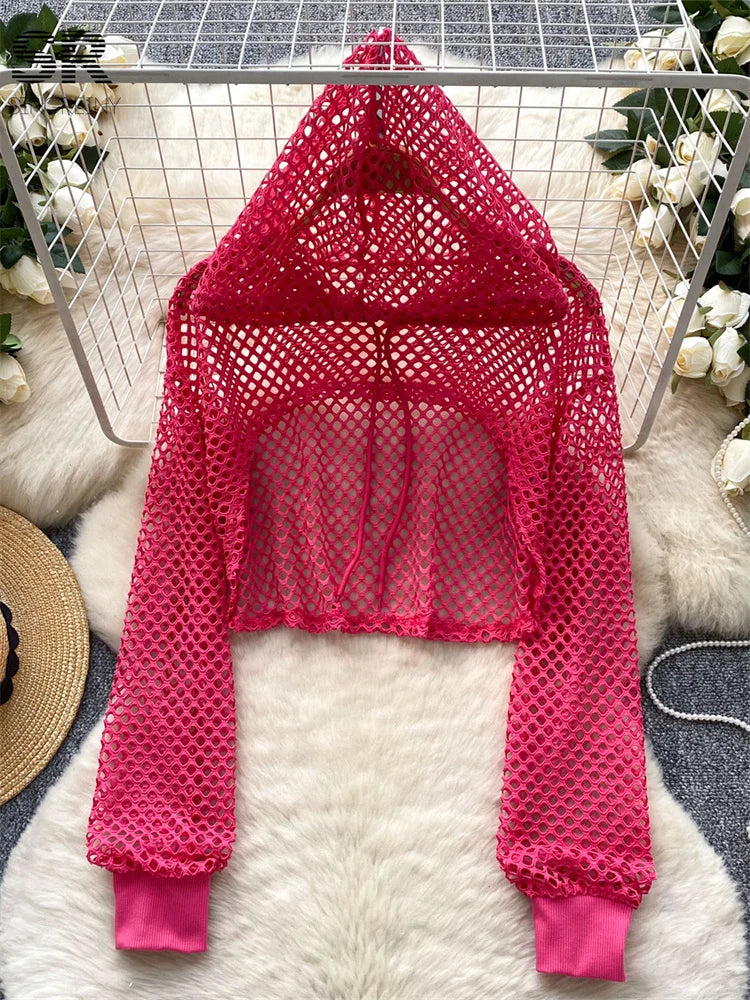 SINGREINY Summer Knitted Hooded Cadigans Women Long Sleeve Thin Streetwear Irregular Outerwear Hollow Out Sun-proof Blouses