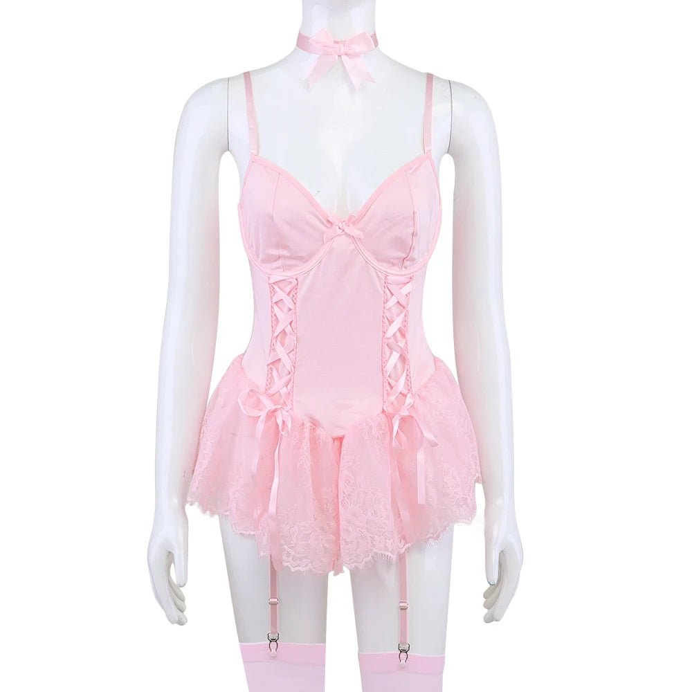 Ellolace Fancy Sexy Lingerie Girly Pink Corset Dress With Stocking g-String Tightening Matching 5-Piece Sissy Lace Onlyfans Kit