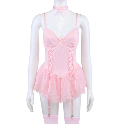 Ellolace Fancy Sexy Lingerie Girly Pink Corset Dress With Stocking g-String Tightening Matching 5-Piece Sissy Lace Onlyfans Kit