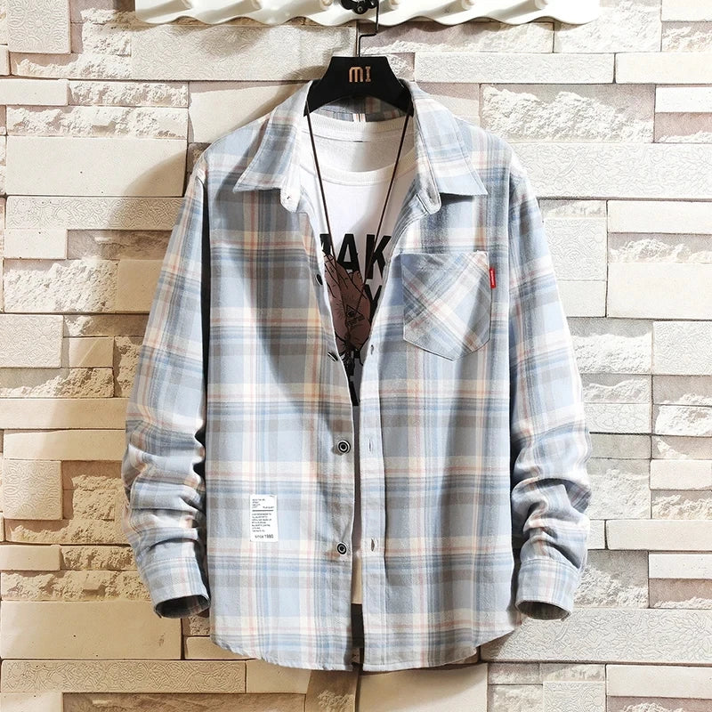 2024 New Summer Men's Plaid Shirt Button Pocket Casual Fashion Elegant Long sleeve Shirt Turn Down Collar