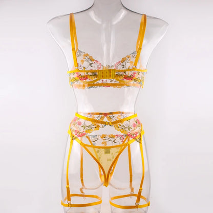 Ellolace Lingerie Sensual Lace Underwear Transparent Embroidery 3-Piece Garters Fancy Beautiful Short Skin Care Kits Intimate
