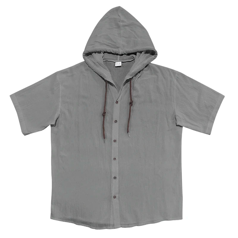Summer cotton linen men's short sleeved shirt in US size solid color hooded casual T-shirt plus size men's clothing