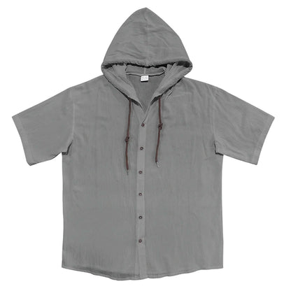 Summer cotton linen men's short sleeved shirt in US size solid color hooded casual T-shirt plus size men's clothing