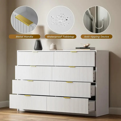 55" Wide Dresser Bedroom, Fluted 8-Drawer Double Dresser with Gold Handles, Modern Tall Chest of Drawers for Bedroom, Dressers