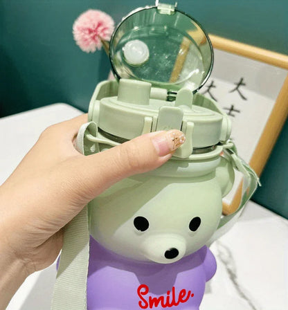1pc Cute Bear Water Bottle BPA-Free Portable Kettle with Straw & Shoulder Strap Heat-Resistant Large-Capacity