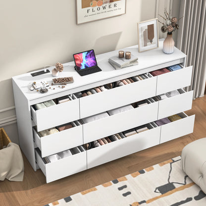 9 Drawer Dresser for Bedroom, 63" Modern Large Wood Chest of Drawers with Charging Station Handle Free, Storage Organizer Closet