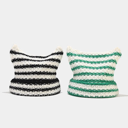 New Japanese Streetwear Harajuku Beanie Little Devil Striped Knitted Hat Women Girls Autumn Winter Cute Cat Ears Cap