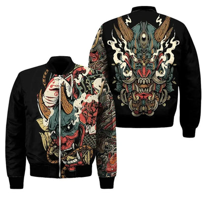Spring Autumn Mens Bomber Jacket Samurai Oni Mask Tattoo 3D All Over Printed Zip Tracksuits Unisex Casual Zipper Jacket Clothing