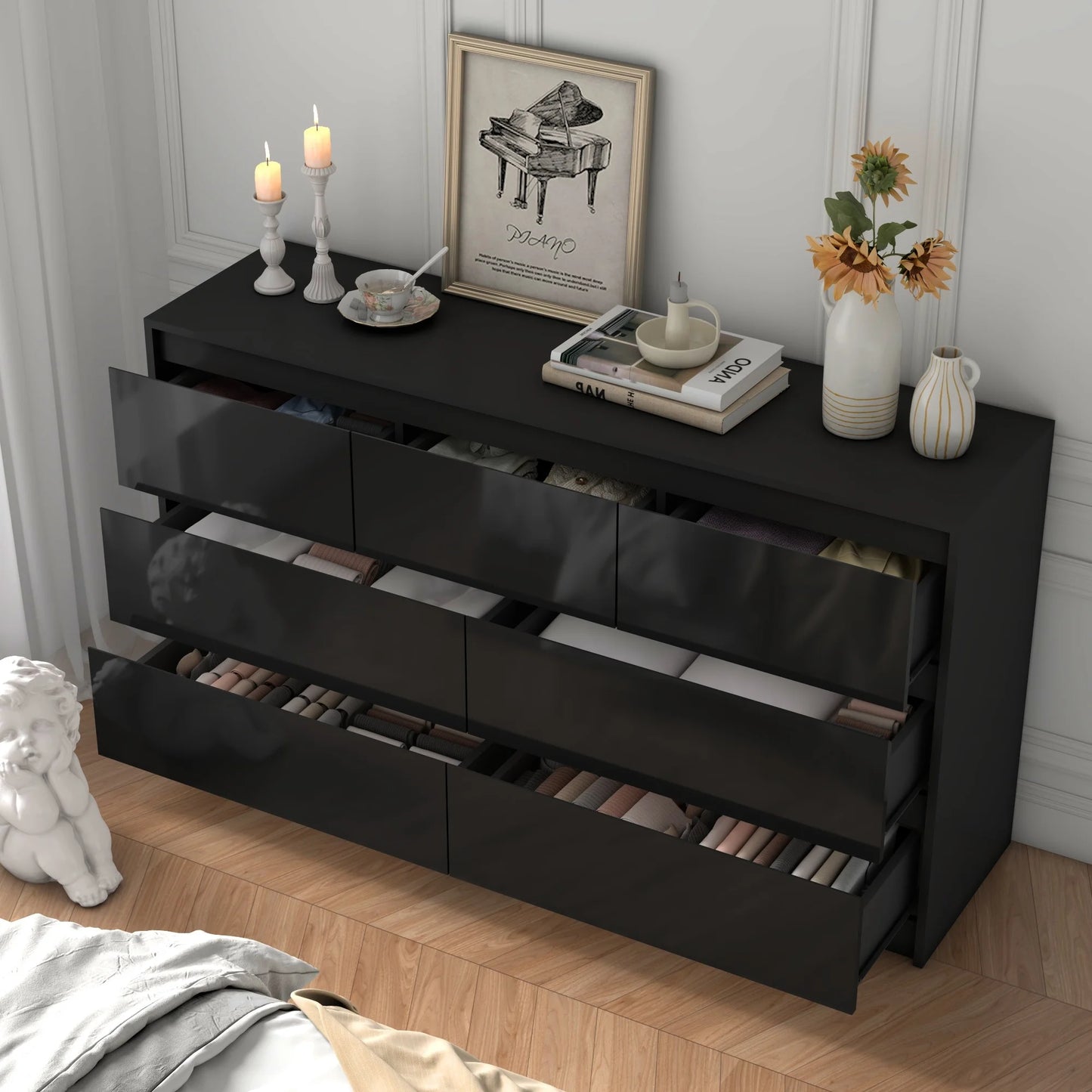 7 Drawer Dresser for Bedroom, 55'' Modern Chest of Drawers for Closet, Wide Drawer Organizer Cabinet for Living Room White/Black