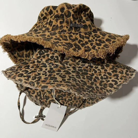Retro Leopard Print Washed Fringed Fisherman Hat for Men and Women Seasonal Hanging Rope Outdoor Travel Basin Hat Sun Hat