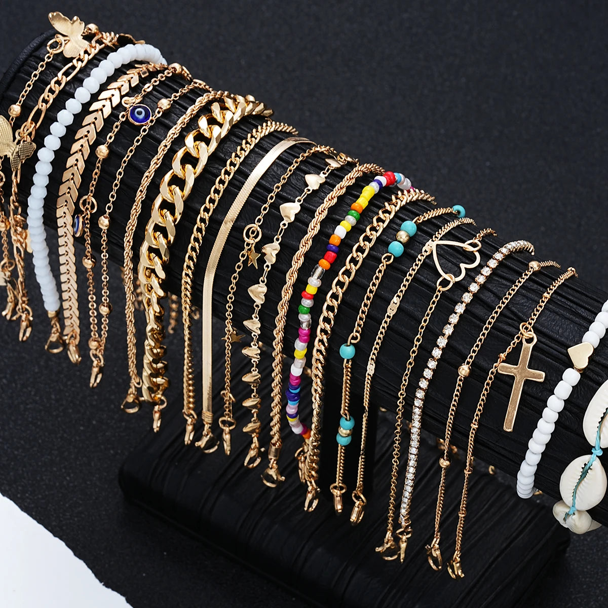 22 Pcs Minimalist Love Butterfly Shell Rhinestone Bead Anklet Set For Women Summer Beach Boho Anklets Fashion Jewelry Gifts 2024