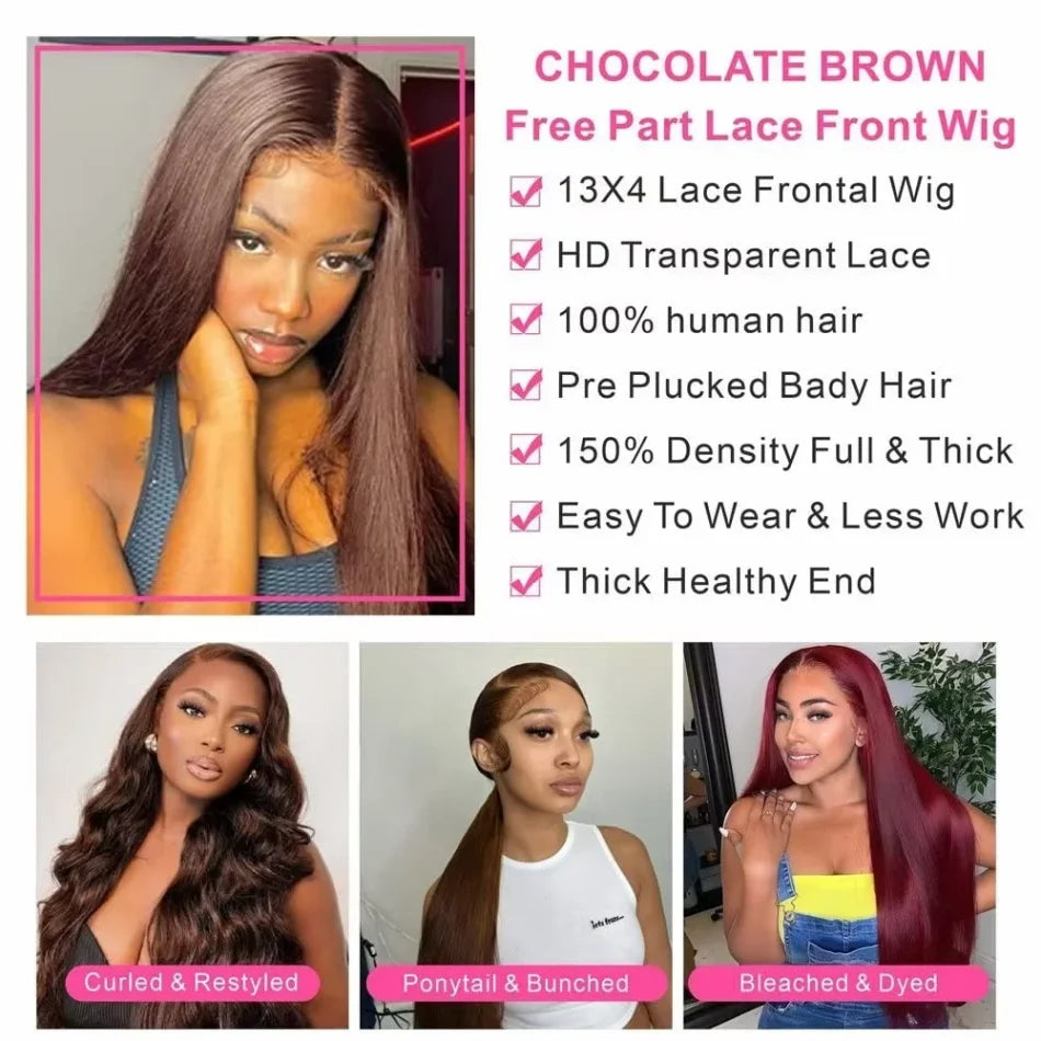 Chocolate Brown 30 32 Inch 13x6 Hd Lace Frontal Wig 13x4 Hd Lace Front Human Hair Brown Wigs Straight Human Hair Wigs For Women