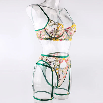 Ellolace Lingerie Sensual Lace Underwear Transparent Embroidery 3-Piece Garters Fancy Beautiful Short Skin Care Kits Intimate
