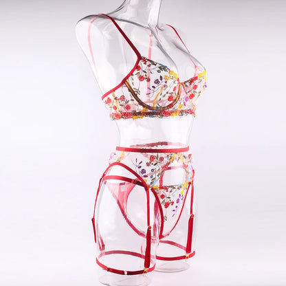 Ellolace Lingerie Sensual Lace Underwear Transparent Embroidery 3-Piece Garters Fancy Beautiful Short Skin Care Kits Intimate