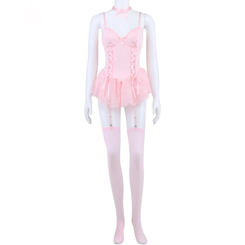 Ellolace Fancy Sexy Lingerie Girly Pink Corset Dress With Stocking g-String Tightening Matching 5-Piece Sissy Lace Onlyfans Kit