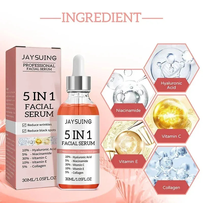 5 In 1 Facial Serum Fade Fine Lines Firming Skin Shrink Pores Moisturizing Brightning Vitamin C Hyaluronic Acid Face Serum