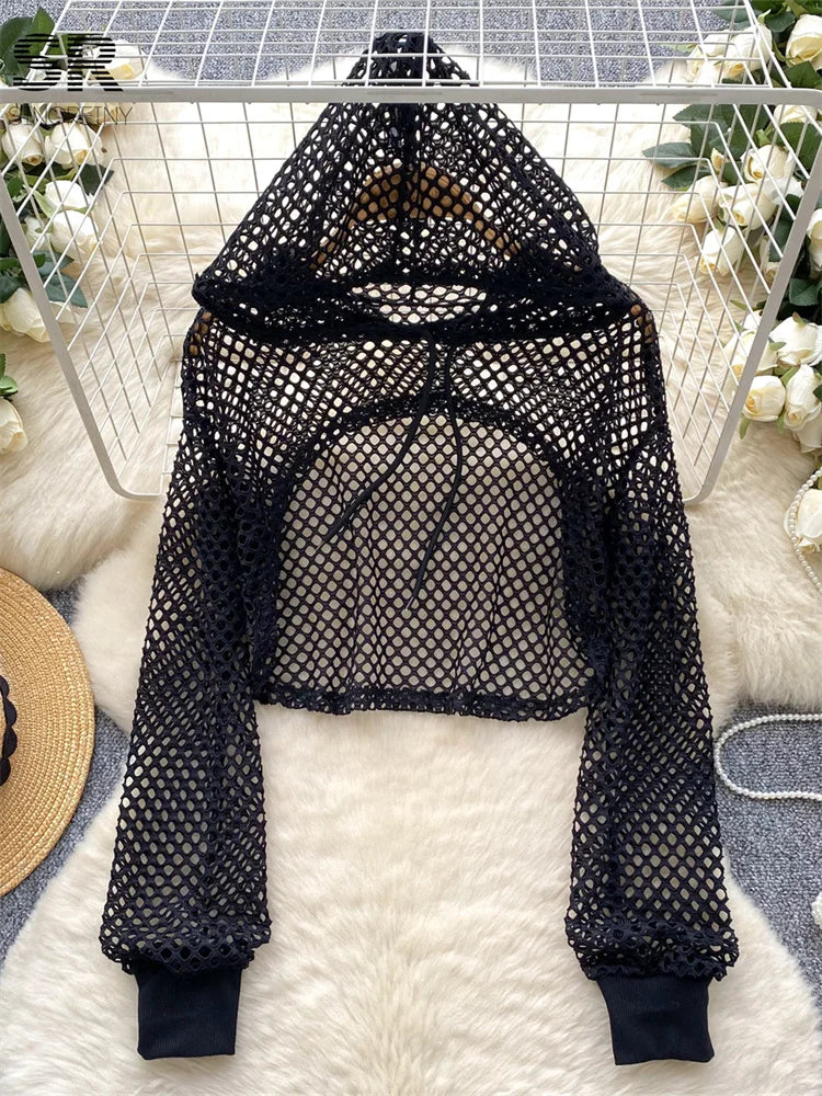 SINGREINY Summer Knitted Hooded Cadigans Women Long Sleeve Thin Streetwear Irregular Outerwear Hollow Out Sun-proof Blouses