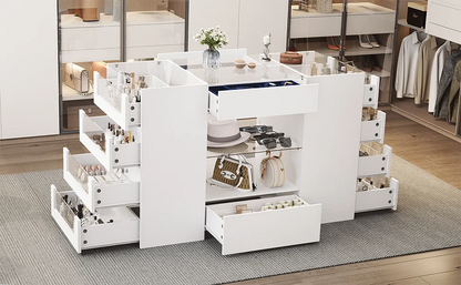Closet Island with Drawers, Wardrobe Armoire Bedroom Island, Glass Display Shelf & 12 Drawers, White Dresser with Glass Top