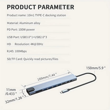 10 in 1 USB C HUB 4K30Hz Docking Station Type C to HDTV-Compatible RJ45 Ethernet PD100W for MacBook iPad Huawei Sumsang Phone
