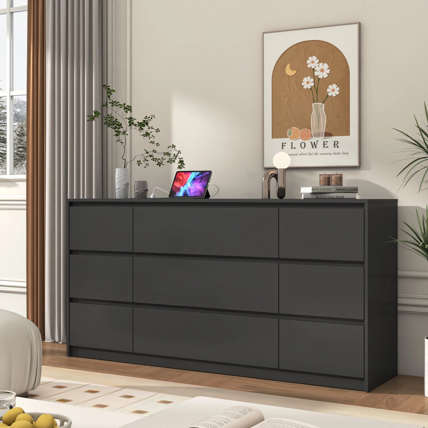 9 Drawer Dresser for Bedroom, 63" Modern Large Wood Chest of Drawers with Charging Station Handle Free, Storage Organizer Closet
