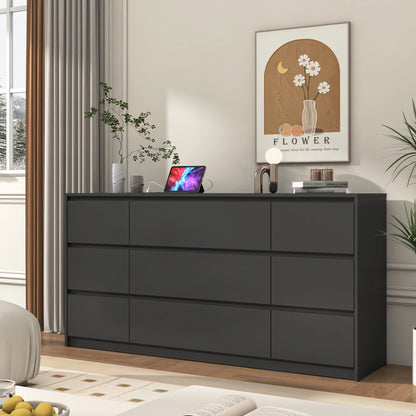 9 Drawer Dresser for Bedroom, 63" Modern Large Wood Chest of Drawers with Charging Station Handle Free, Storage Organizer Closet