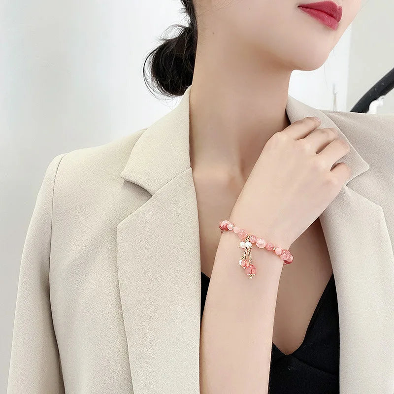 Pink Crystal Natural Stone Bracelet Reiki Energy Strand Bracelets Bangles For Women Prayer Blessing Health Wristband Jewelry