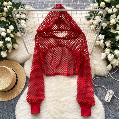SINGREINY Summer Knitted Hooded Cadigans Women Long Sleeve Thin Streetwear Irregular Outerwear Hollow Out Sun-proof Blouses