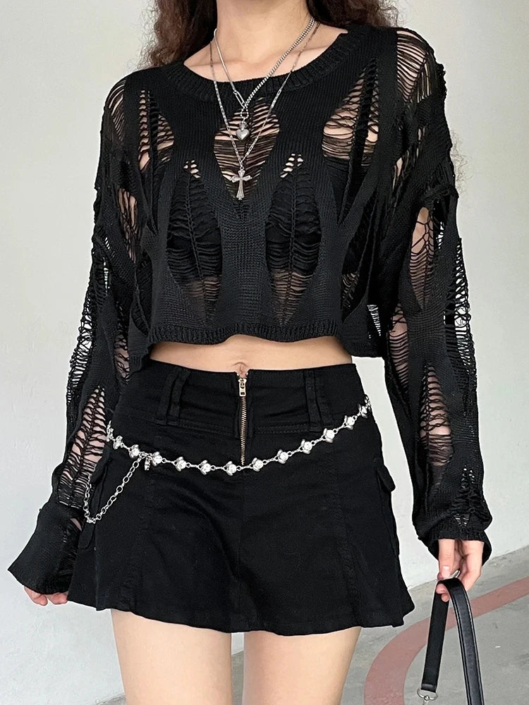 Perforated Hollow Out Knitted Blouse Sunscreen Long Sleeve Top Gothic Dark Black Sexy Thin Sweater Women's Summer Chic Crop Tops