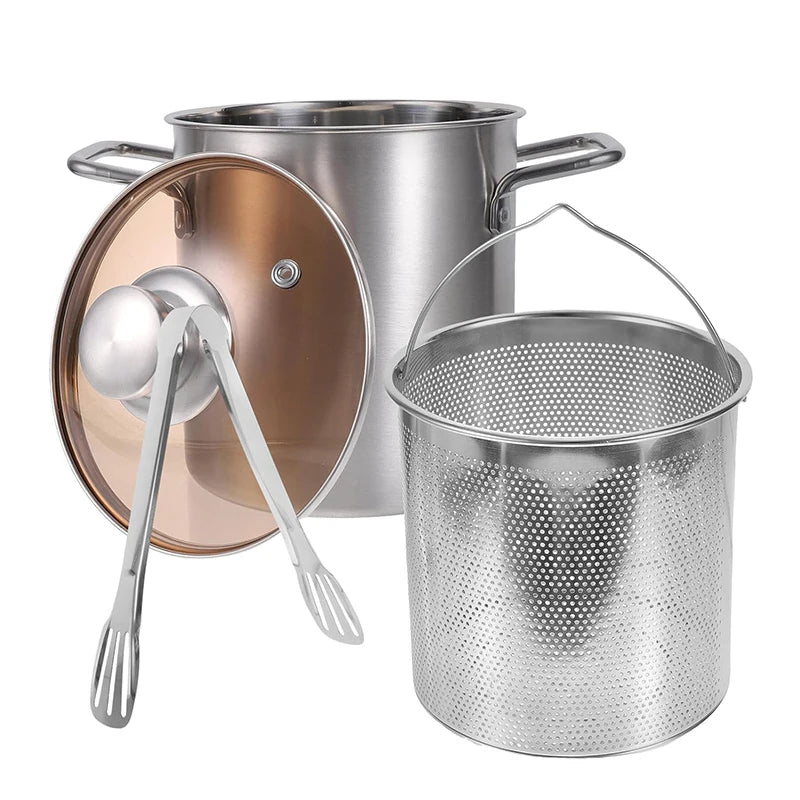 LMETJMA 3L Deep Fryer Pot Stainless Steel Frying Pot With Mesh Steamer Basket Japanese Tempura Fryer Pot with Lid and Tong JT230