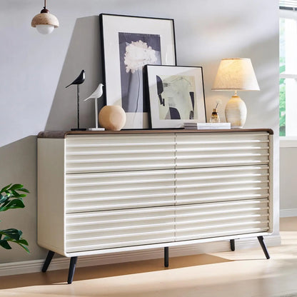 6 Drawers Dresser for Bedroom, 54'' Wide Mid Century Modern Wood Fluted Double Dresser, Chest of Drawers with Tapered Leg