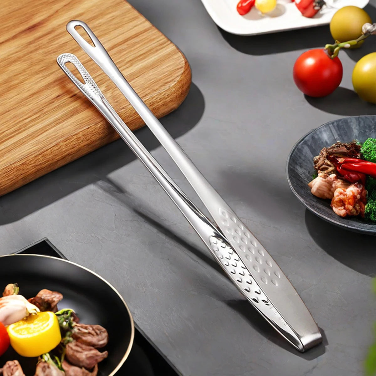 WORTHBUY 304 Stainless Steel Food Tongs Long Handle Non-Slip Barbecue Tongs Steak Tongs Kitchen Gadgets Accessories Cooking Tool