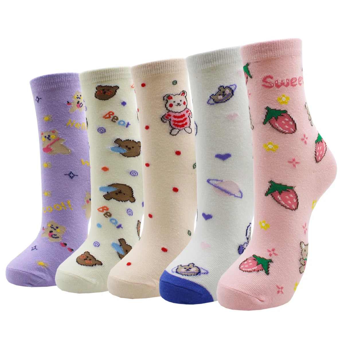 5 Pairs New Fashion Colorful Harajuku Korean Kawaii Cute Women Socks Cat Dog Owl Stripe Avocado Girl Cotton Cartoon Socks