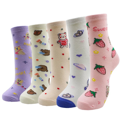5 Pairs New Fashion Colorful Harajuku Korean Kawaii Cute Women Socks Cat Dog Owl Stripe Avocado Girl Cotton Cartoon Socks