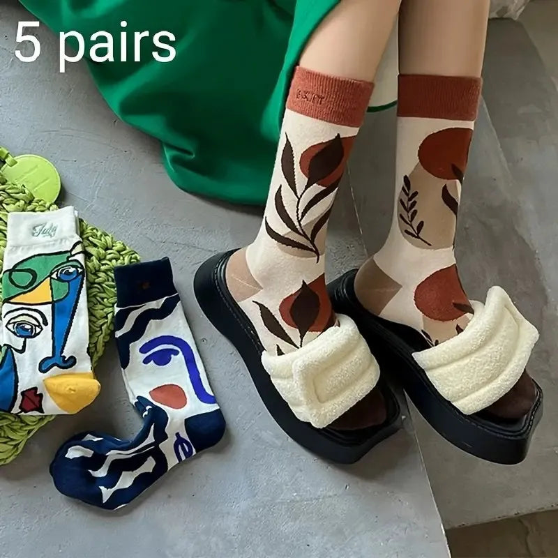 5 Pairs Elegant Cartoon Graffiti Women Tube Socks Fashionable Oil Painting Art Printing Soft Comfortable Breathable Casual Socks