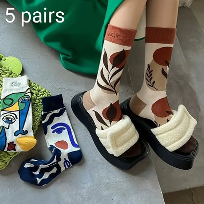 5 Pairs Elegant Cartoon Graffiti Women Tube Socks Fashionable Oil Painting Art Printing Soft Comfortable Breathable Casual Socks