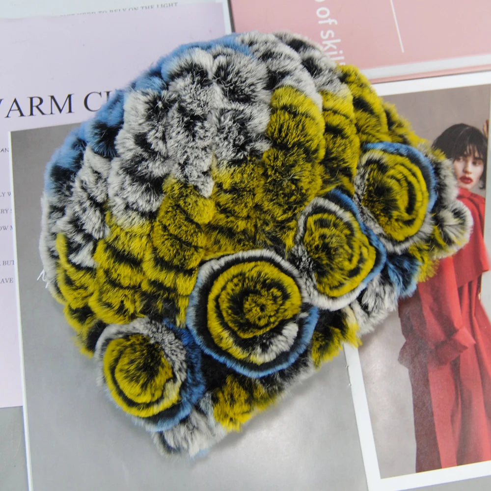 New Fashion Real Fur Hats Scarves Sets Women Winter Knitted Real Rex Rabbit Fur Hat Scarf Ladies Natural Fur Hats Mufflers Sets