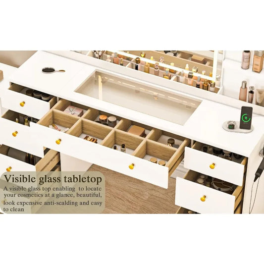 55 "Makeup Dresser with Mirror and LED Lights - Glass Top Dresser with Power Outlet and Storage Rack, Drawers