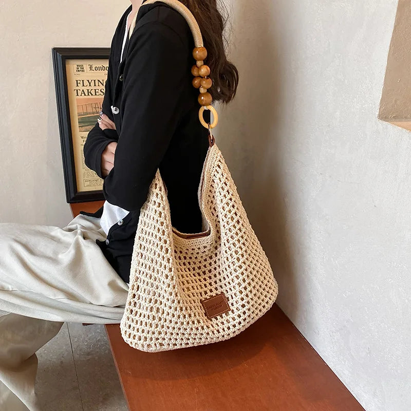 Beach Summer Bag for Women Mesh Woven Shoulder Bag Adjustable Strap Handbag Large Capacity Hobo Bag for Travel Vacation