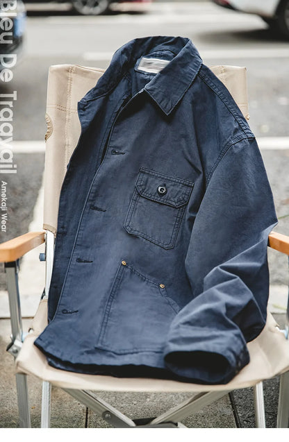 Maden Retro French Jacket Multi-Pocket Lapel Navy Heavyweight Single-breasted Hunting Coat for Men's Spring and Autumn Tops