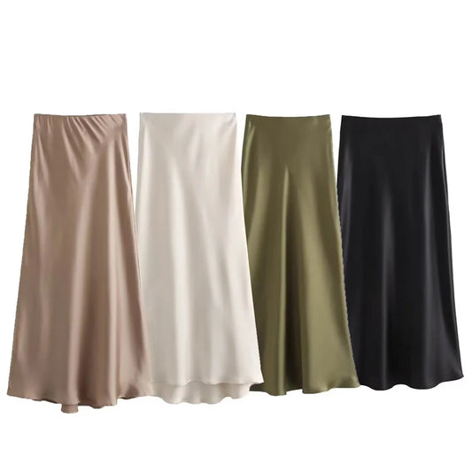 TRAF Women's Satin Long Skirts Black White Green Khaki Skirt Summer Elegant Women's Skirts Luxury Smooth High Waist Skirts 066