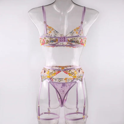 Ellolace Lingerie Sensual Lace Underwear Transparent Embroidery 3-Piece Garters Fancy Beautiful Short Skin Care Kits Intimate