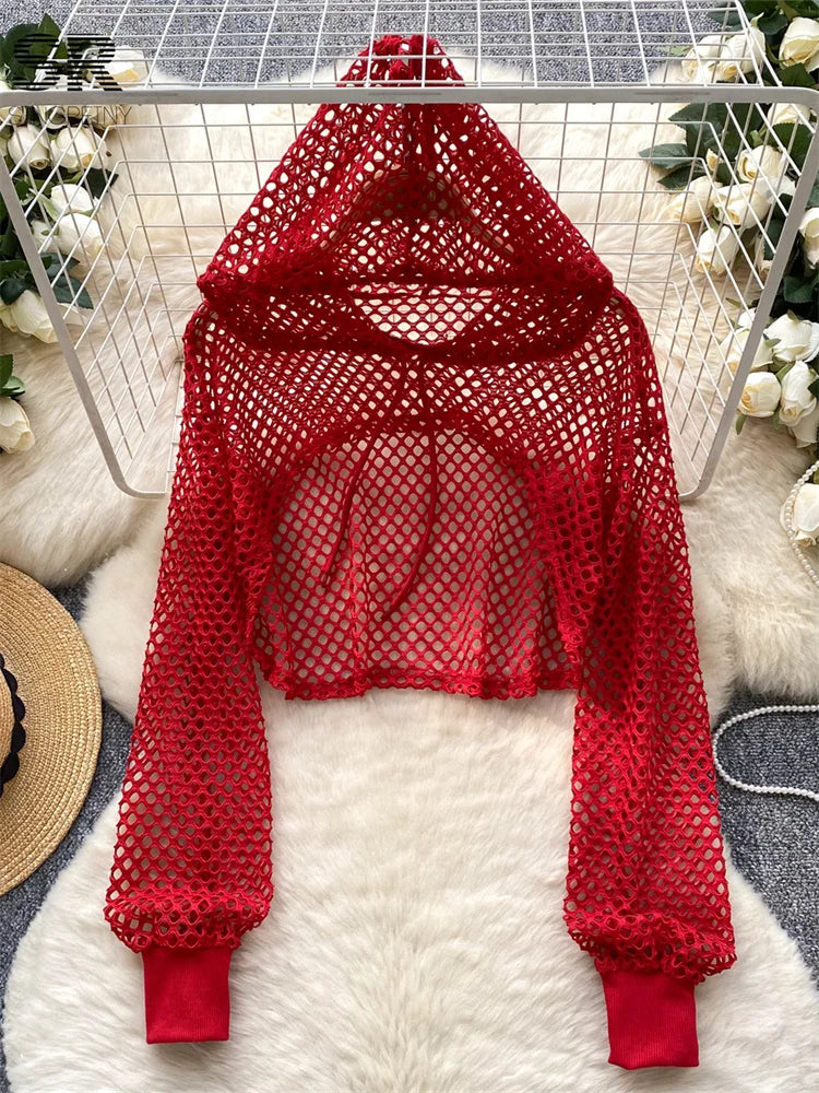 SINGREINY Summer Knitted Hooded Cadigans Women Long Sleeve Thin Streetwear Irregular Outerwear Hollow Out Sun-proof Blouses