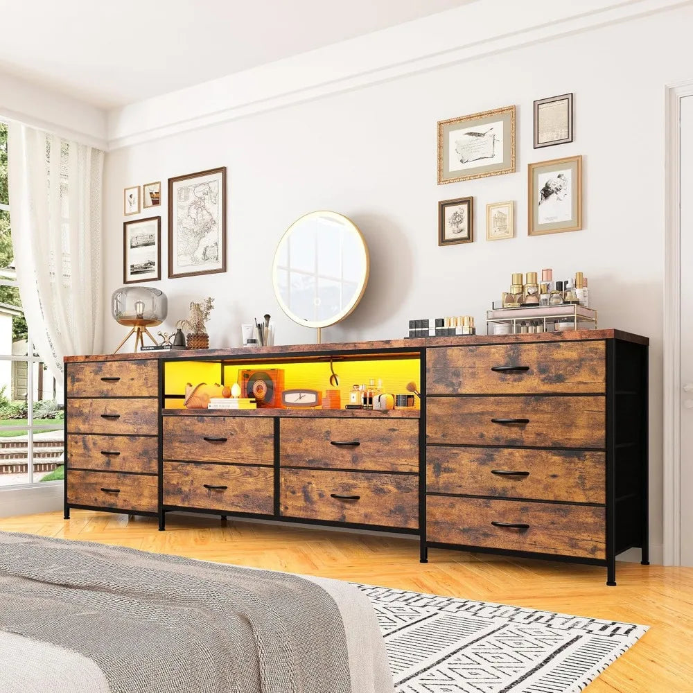 75 Inch TV 63" W Dresser TV Stand for Bedroom with LED Lights & Power Outlets & 12 Drawers Dresser