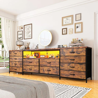 75 Inch TV 63" W Dresser TV Stand for Bedroom with LED Lights & Power Outlets & 12 Drawers Dresser