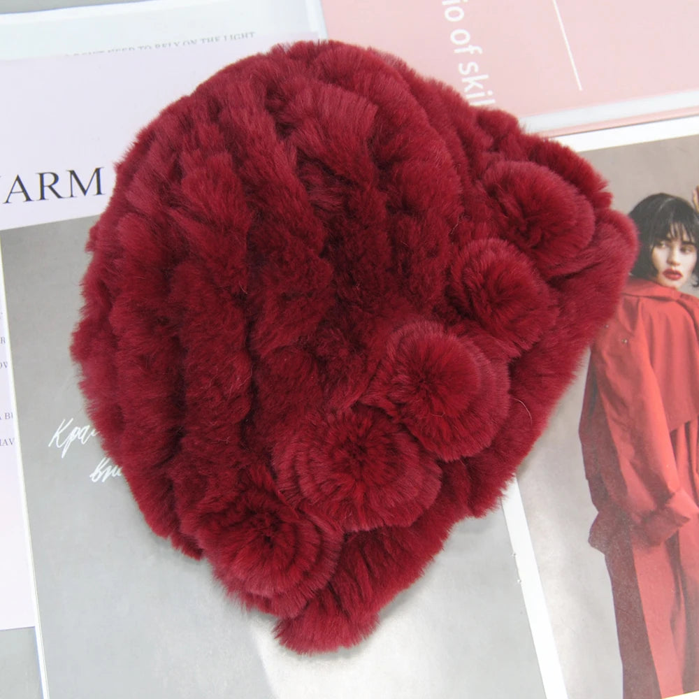 New Fashion Real Fur Hats Scarves Sets Women Winter Knitted Real Rex Rabbit Fur Hat Scarf Ladies Natural Fur Hats Mufflers Sets