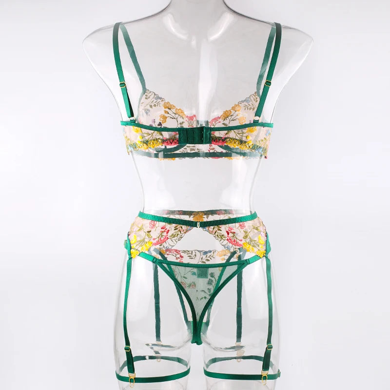 Ellolace Lingerie Sensual Lace Underwear Transparent Embroidery 3-Piece Garters Fancy Beautiful Short Skin Care Kits Intimate
