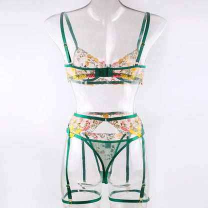 Ellolace Lingerie Sensual Lace Underwear Transparent Embroidery 3-Piece Garters Fancy Beautiful Short Skin Care Kits Intimate