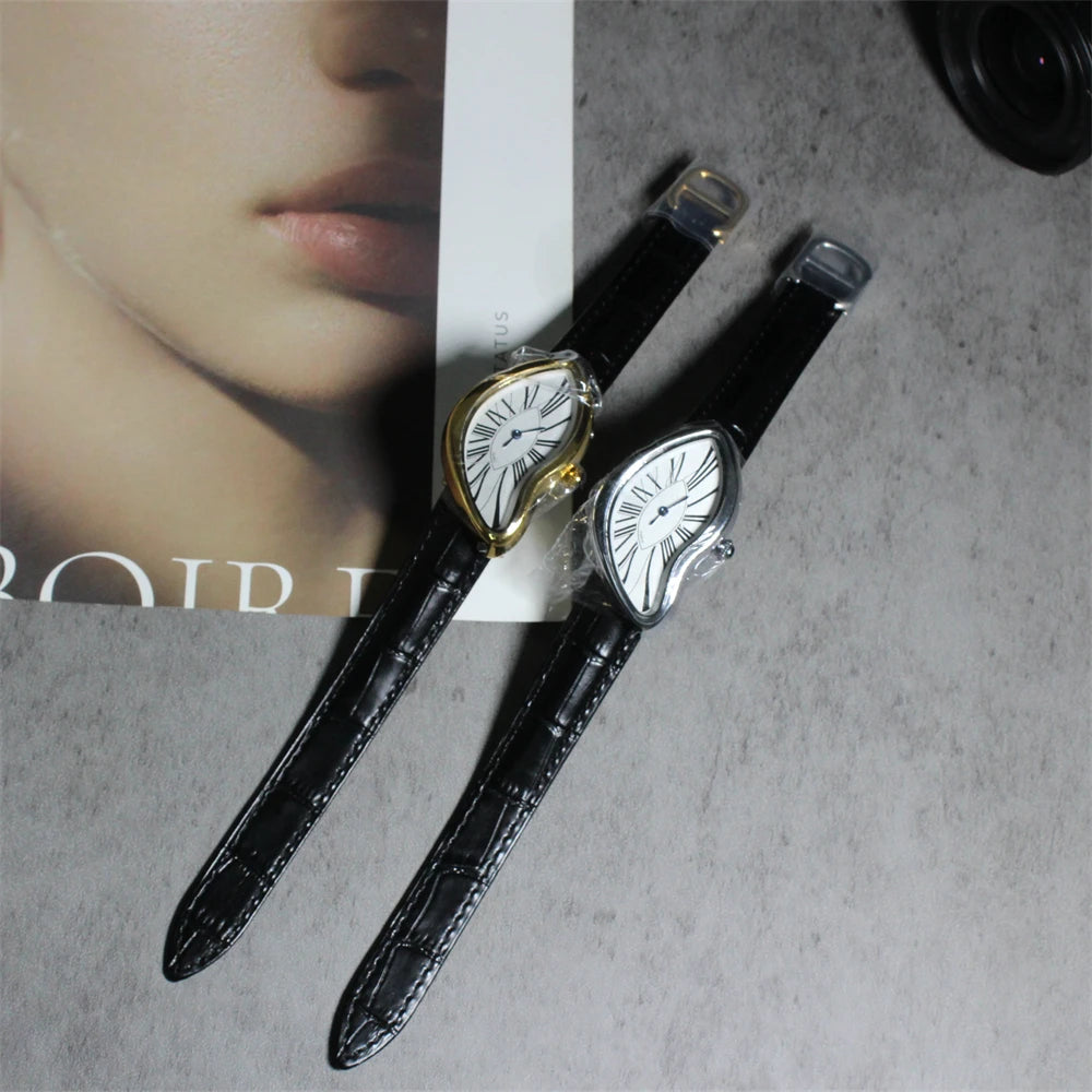 Medieval alien watches melt and twist y2k alien ladies and men Leather strap fashion advanced ins niche design quartz watch