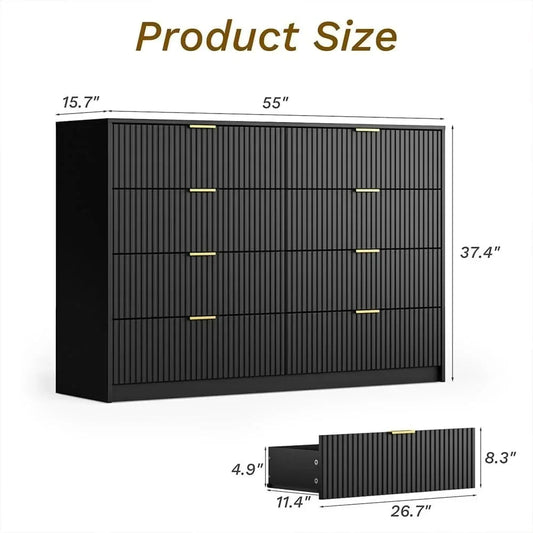 55" Wide Dresser Bedroom, Fluted 8-Drawer Double Dresser with Gold Handles, Modern Tall Chest of Drawers for Bedroom, Dressers