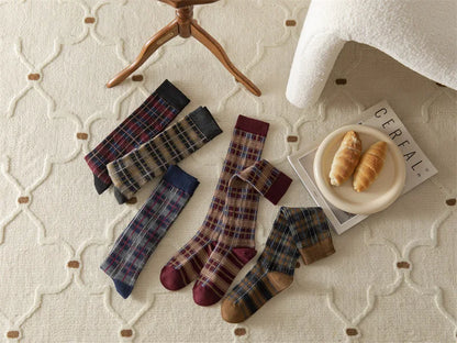 Stockings Women Harajuku Retro Vintage Plaid Long Socks Stocking JK College Style School Girls Cotton Knee Socks Women Stockings